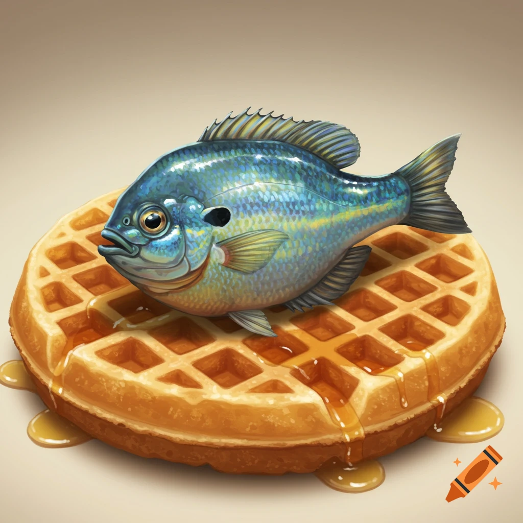 A blue and green sunfish resting on a golden waffle with syrup dripping down its sides, on a light background.