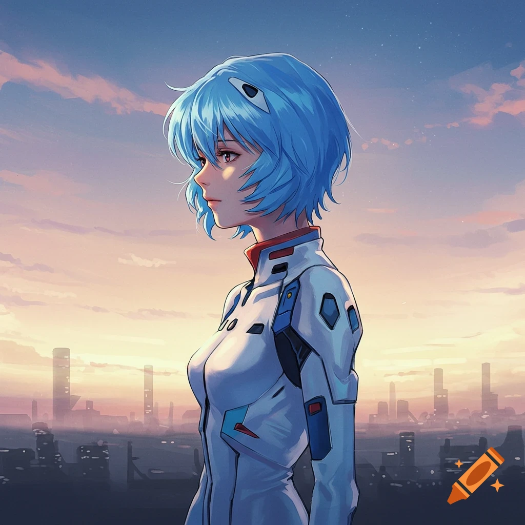 Anime girl with short blue hair and red eyes, wearing a white pilot suit, looking left over a city at sunset.