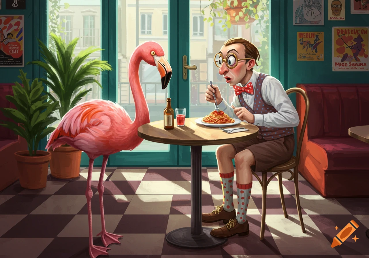 A cartoonish man with glasses and a bow tie eats spaghetti at a cafe table, looking surprised at a tall pink flamingo standing beside him. Illustrated style.