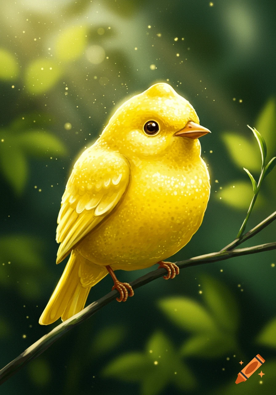 A cute, plump yellow bird, resembling a lemon, perches on a leafy branch surrounded by glowing light in a digital illustration.