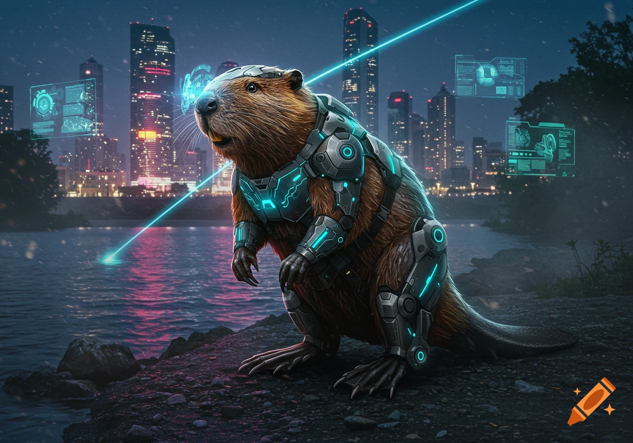 A beaver in a glowing futuristic armored suit stands by a city lake at night, with holographic displays floating in the background.
