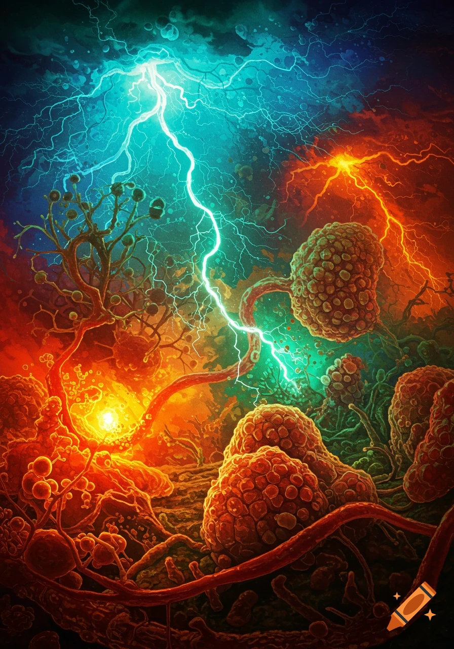 Vibrant abstract image of microscopic cellular structures clashing with blue and orange lightning.