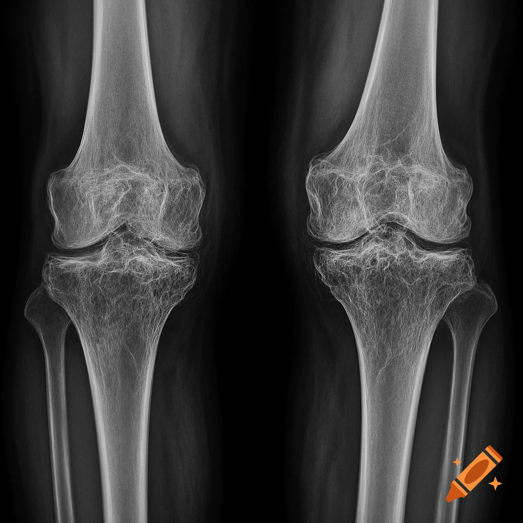 A black and white X-ray image showing both human knees with signs of arthritis, against a dark background.