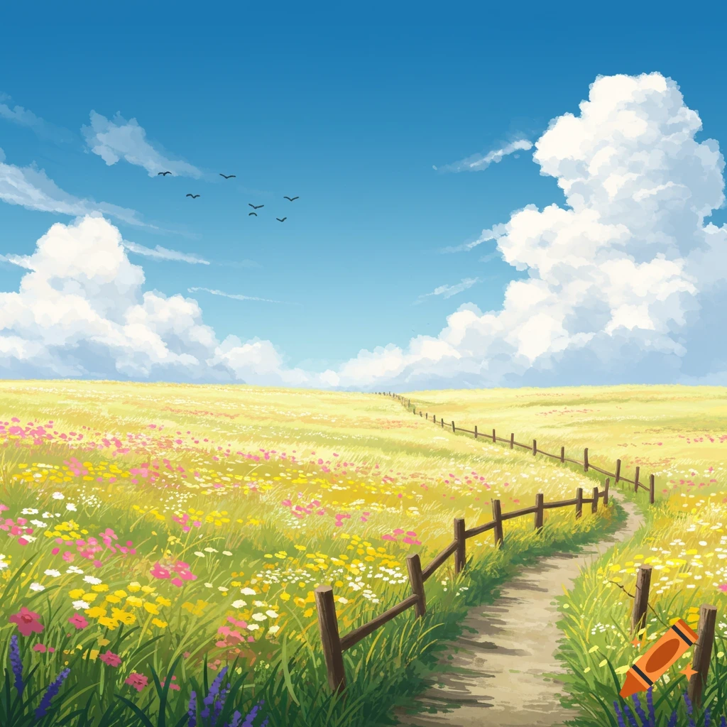 Anime-style landscape of a dirt path through a field of colorful wildflowers under a blue sky with clouds and birds.