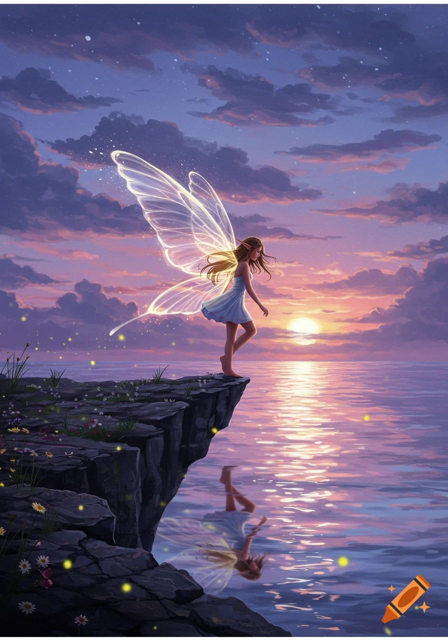 Digital art of a fairy with glowing wings standing on a cliff overlooking a sunset ocean with reflections and sparkling lights.