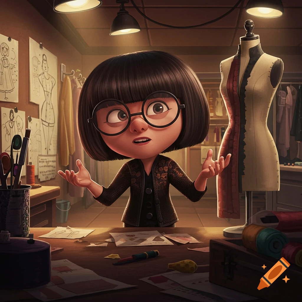 Edna Mode in her cluttered design studio, gesturing with hands over a desk with sketches and sewing supplies.