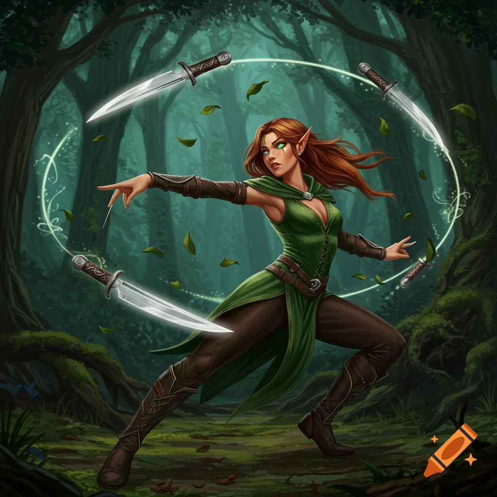 A red-haired female elf in a green tunic and dark pants stands in a forest, skillfully juggling four glowing daggers in a magical circle.