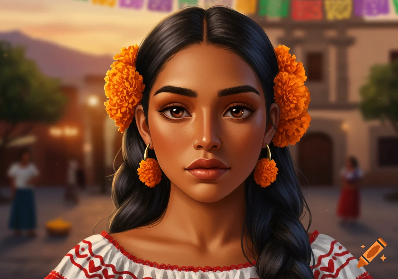Close-up portrait of a woman with dark hair and marigold flowers, wearing a traditional embroidered white blouse, against a blurred Mexican street scene at sunset.