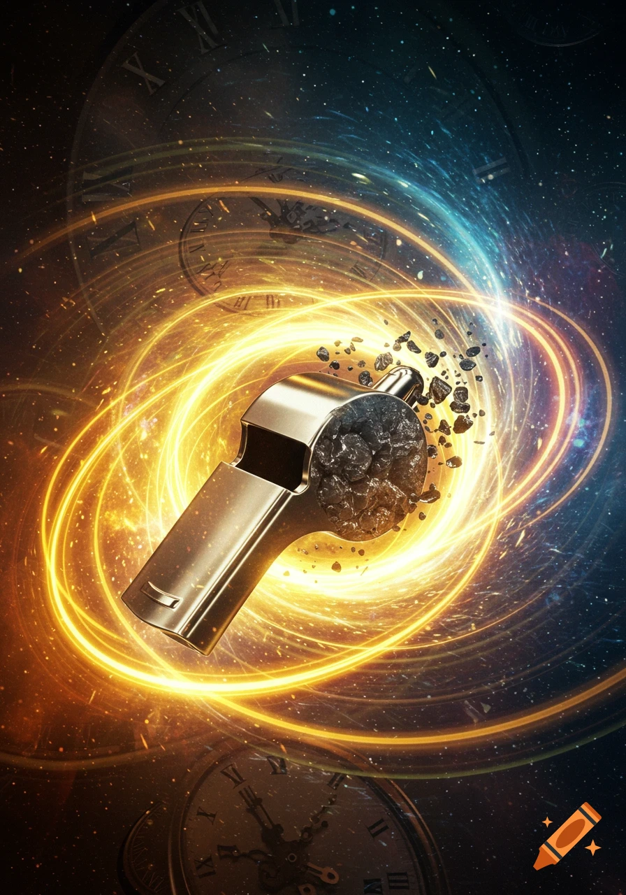 A golden whistle transforming into rock fragments, surrounded by swirling orange and blue cosmic energy with clock faces in the background.