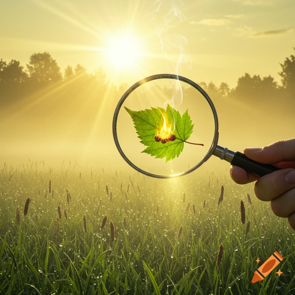 Photorealistic image of a hand holding a magnifying glass, focusing sun rays to burn a leaf in a misty, sunny field.