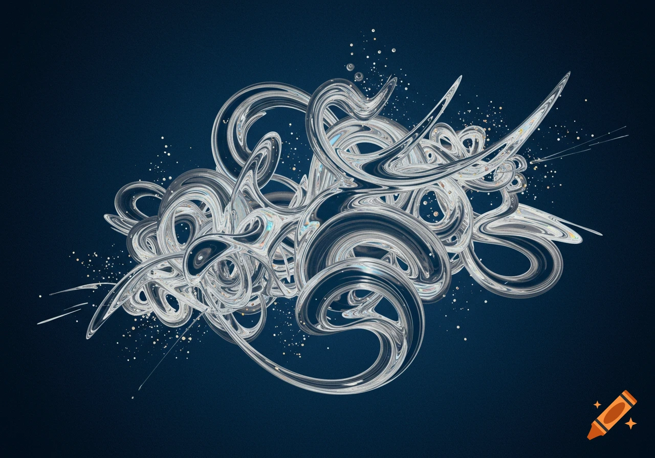 Abstract composition of shimmering, twisting glass-like tubes and flowing lines with scattered particles on a dark blue background.