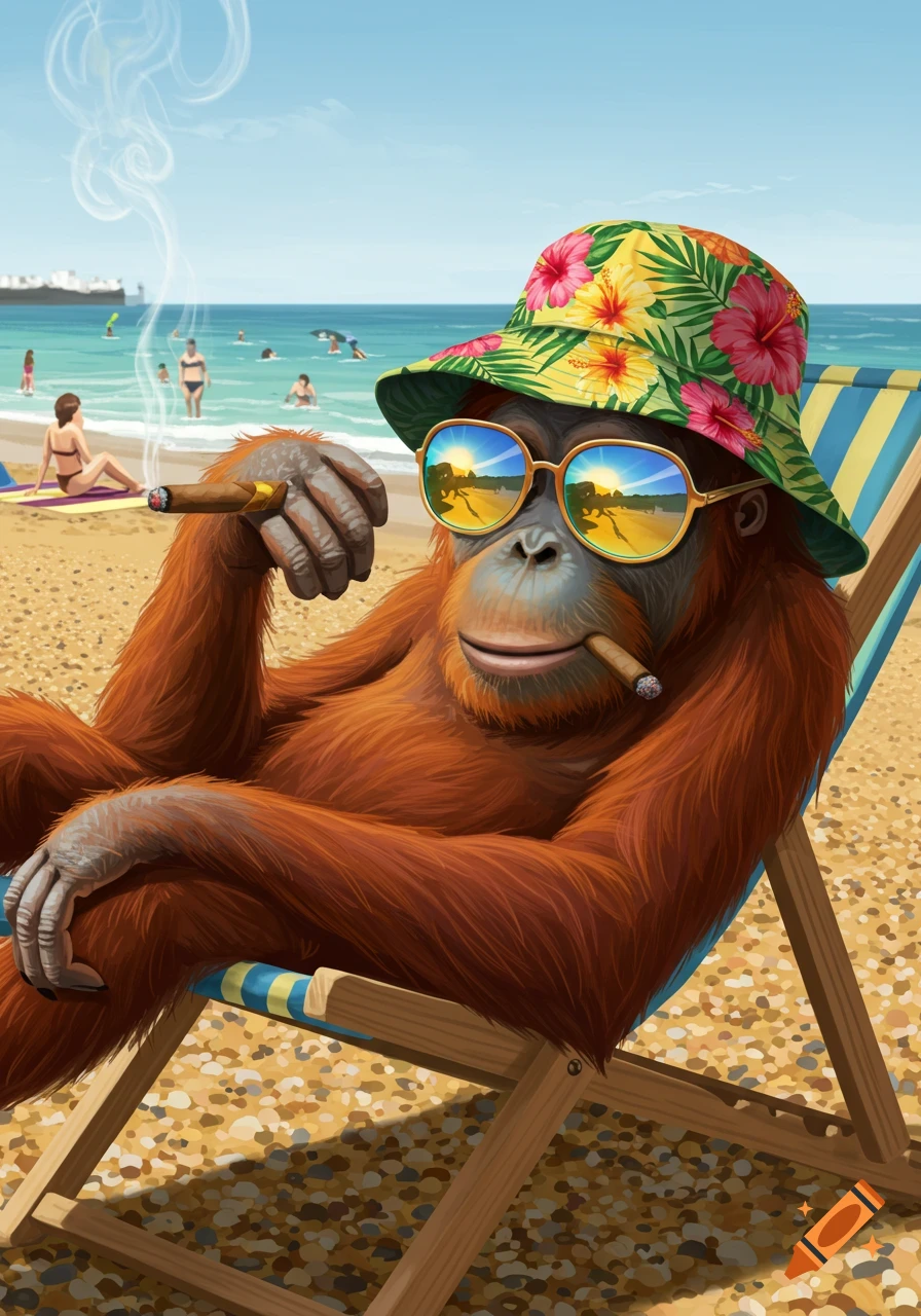 An orangutan in sunglasses and a tropical hat smokes a cigar while relaxing on a deckchair at a sunny beach.
