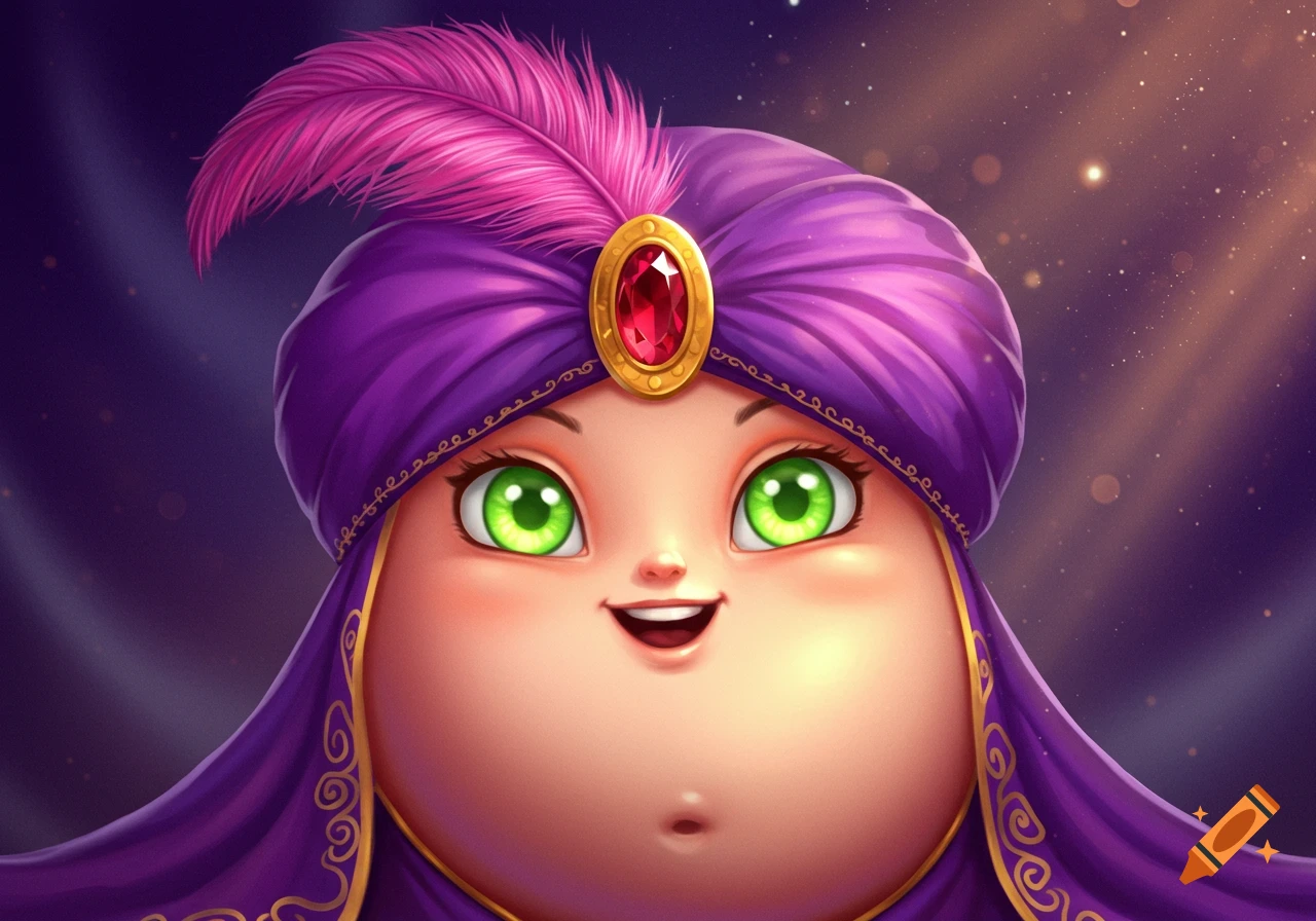 Whimsical cartoon character with bright green eyes, a joyful grin, purple turban with a pink feather, ruby brooch, and violet robe.