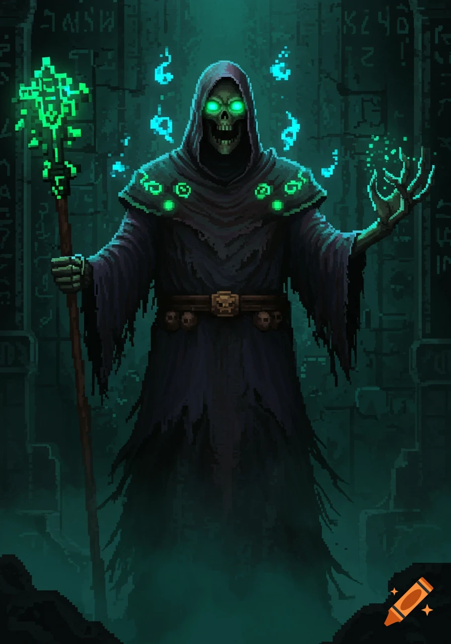 Pixel art of a cloaked skeletal lich with glowing green eyes and staff, summoning magic in a dark, rune-covered chamber.