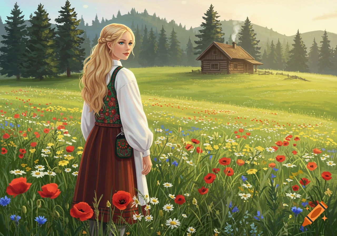 An illustration of a blonde woman in traditional attire standing in a vibrant wildflower field with a log cabin and mountains in the background.