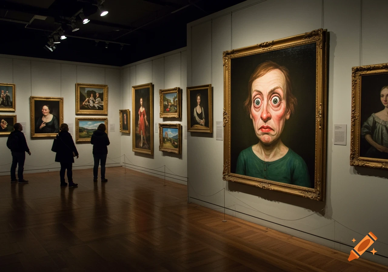 People observe paintings in an art gallery, including a large portrait of a person with wide, red eyes and a grimace.