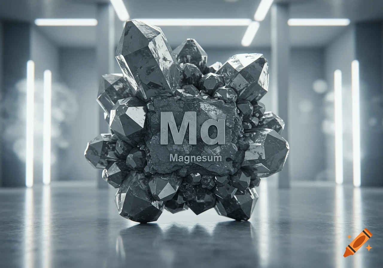 A cluster of dark, metallic crystals with 'Ma Magnesium' inscribed on a central block, in a futuristic laboratory.