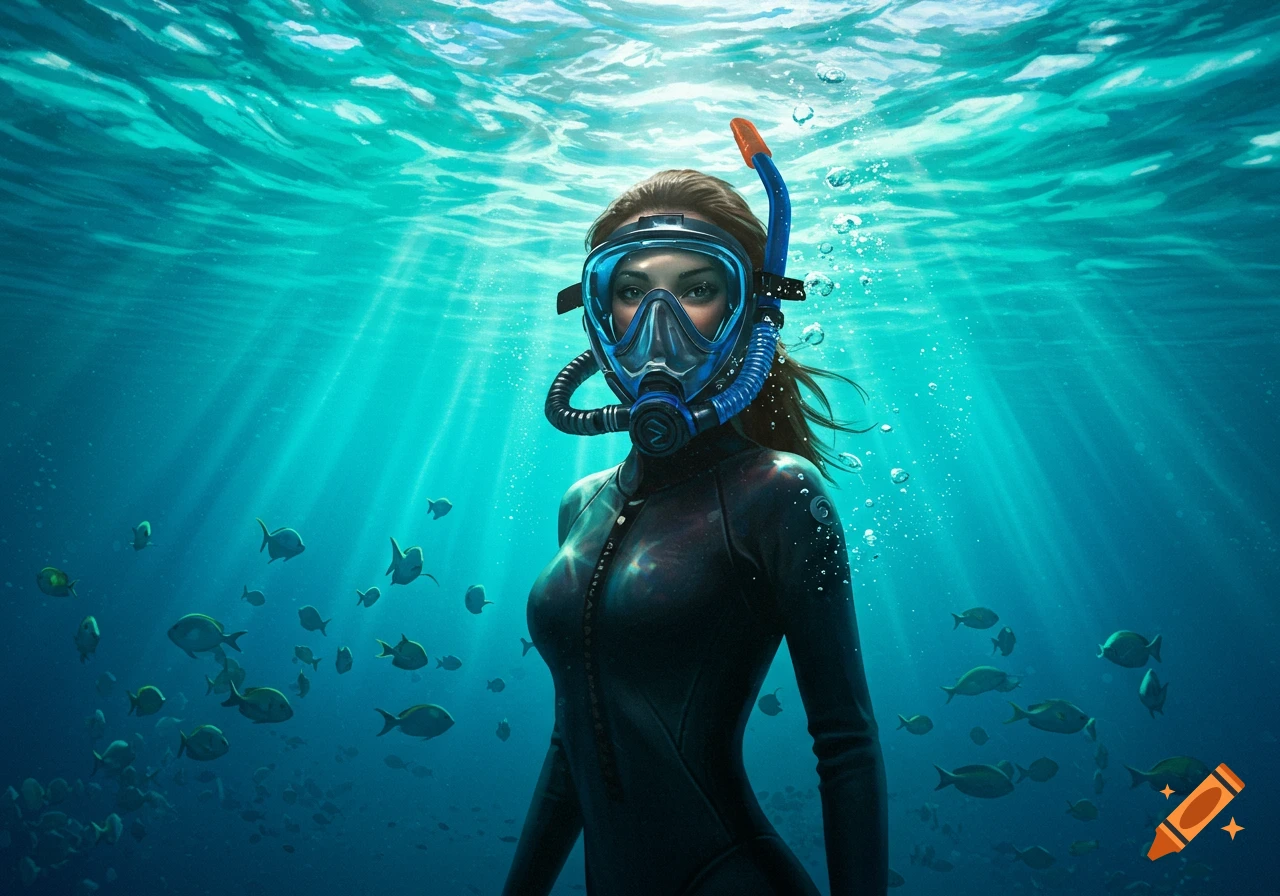 Photorealistic image of a woman in a black wetsuit and blue full-face snorkel mask underwater, surrounded by fish with sunrays.