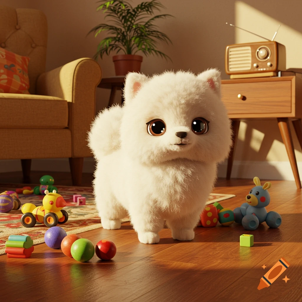 A cute, fluffy white cartoon dog with big eyes stands on a wooden floor surrounded by colorful toys in a cozy room.