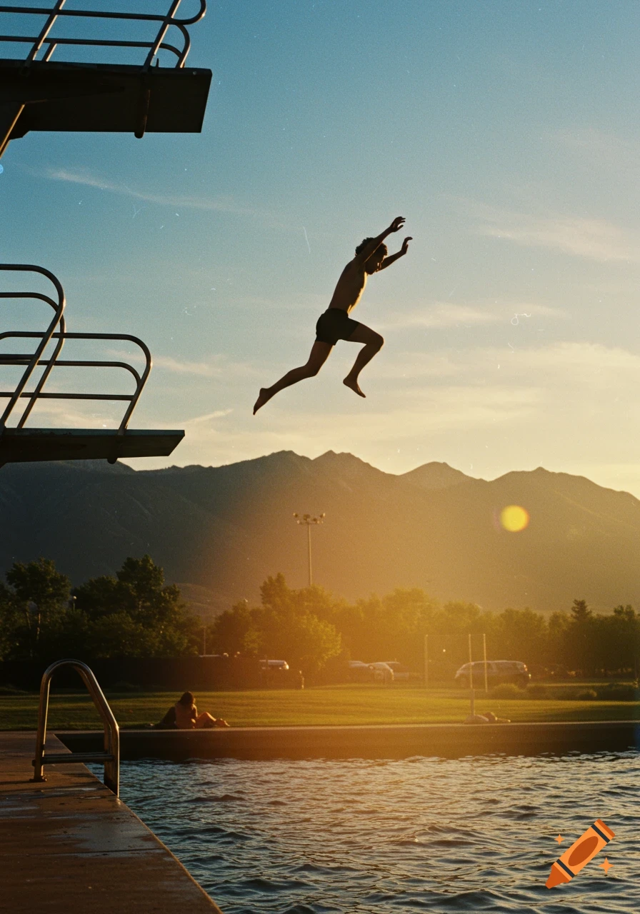 Nostalgic film photo of a person mid-air jumping from a diving board into a pool at sunset with mountains.