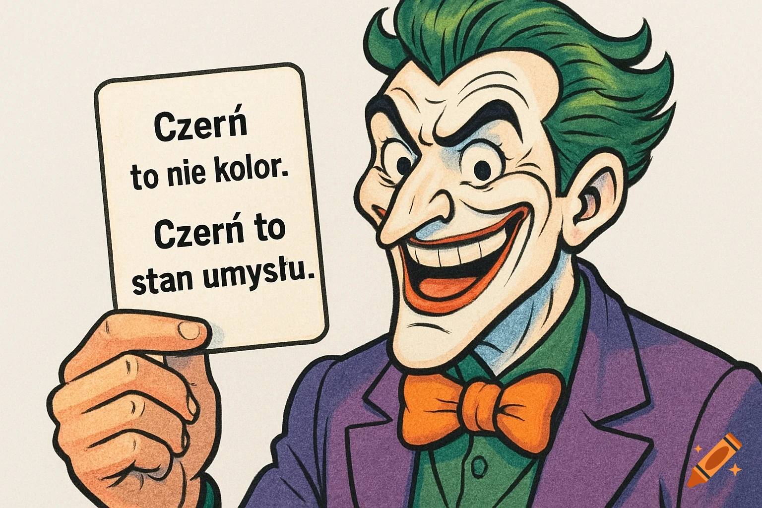 Cartoon style Joker with green hair, purple suit, and orange bowtie, smiling widely and holding a white card with Polish text.