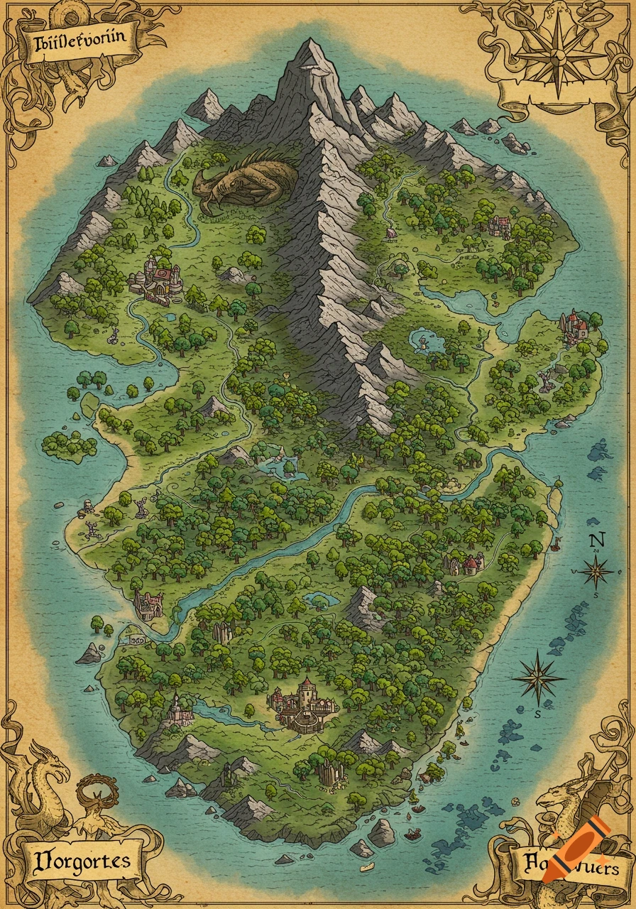 A hand-painted fantasy map of a green island with a central mountain shaped like a monster's spine, surrounded by ocean, forests, and small towns.