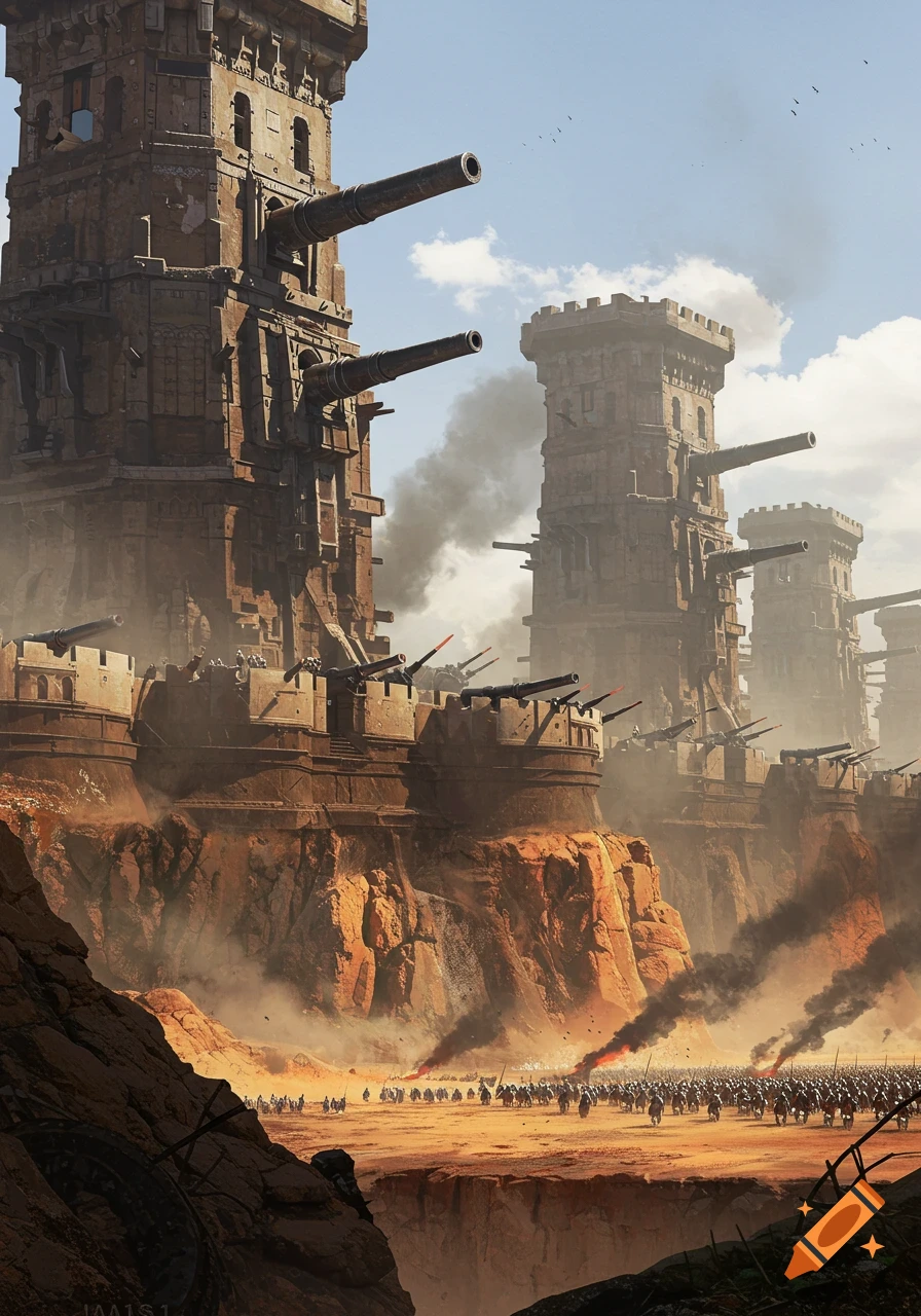 Massive fortified towers with cannons overlook an army marching across a desert canyon, smoke rising from the battlefield.