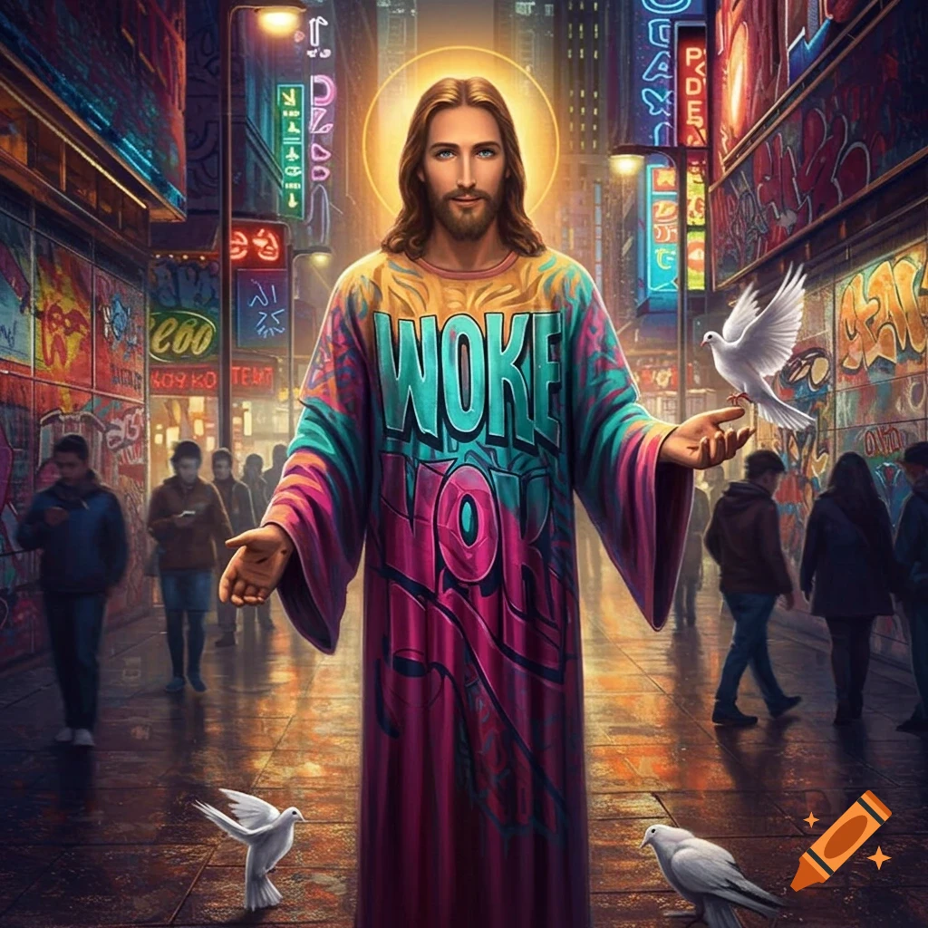 Jesus with a halo in a vibrant 'WOKE' robe stands in a neon-lit, graffiti-covered urban alley with doves.