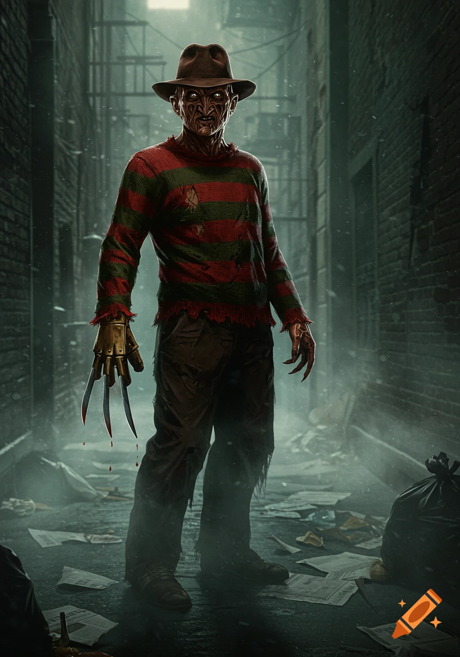 A full-body shot of Freddy Krueger with his clawed glove, standing in a dimly lit, grungy alleyway with debris on the ground, in a realistic style.