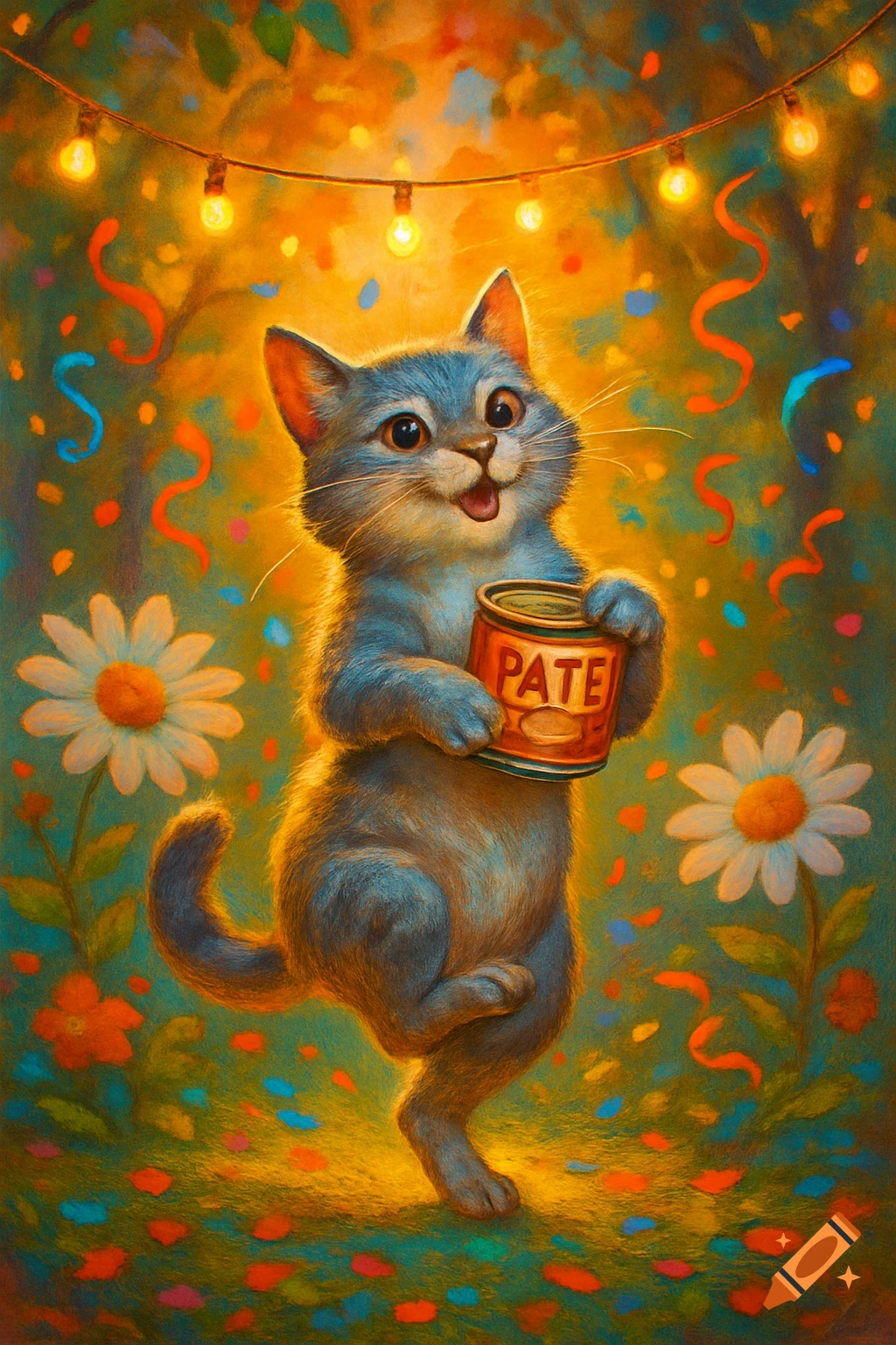 A cheerful grey cat dances, holding a can of 'PATE', in a festive garden with confetti, flowers, and string lights, painted in a vibrant, whimsical style.