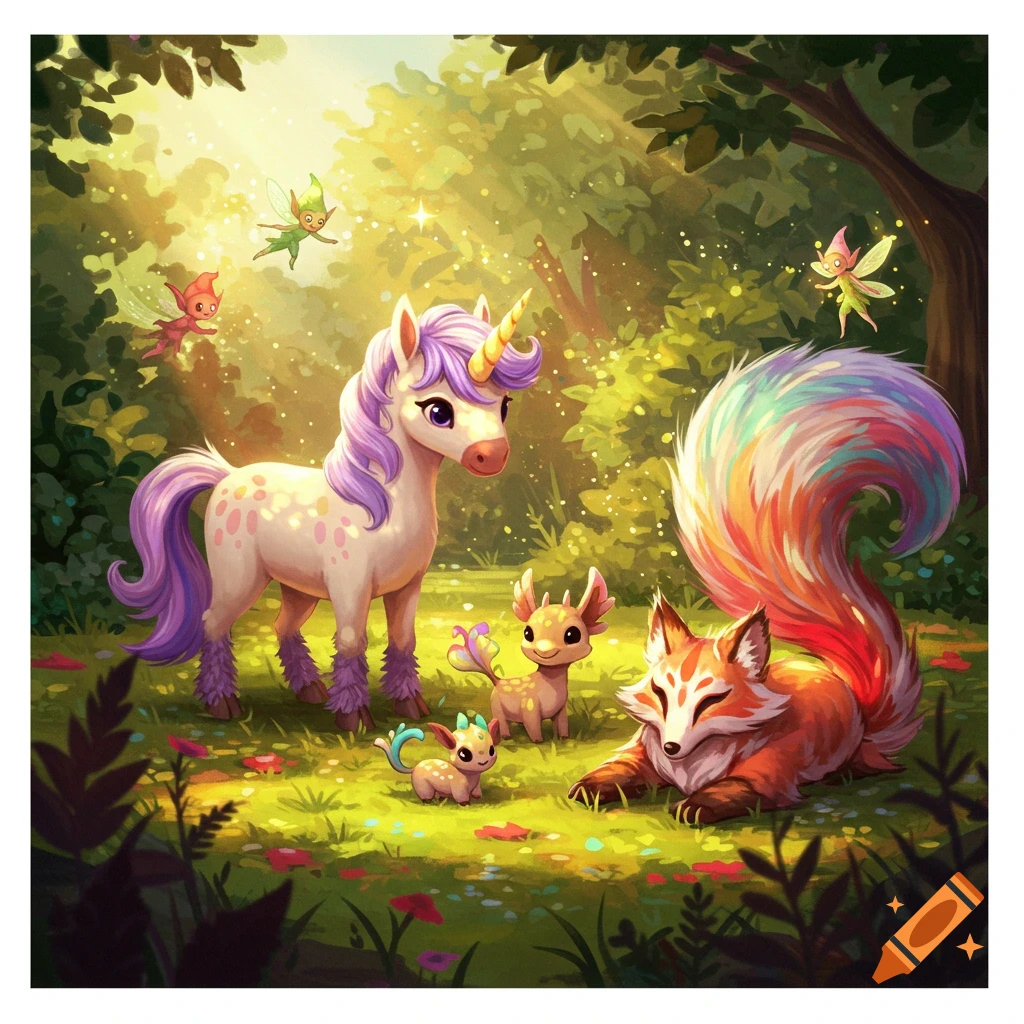 A whimsical illustration of a unicorn, a fox-like creature, and two fawns interacting with fairies in a sunny, magical forest.