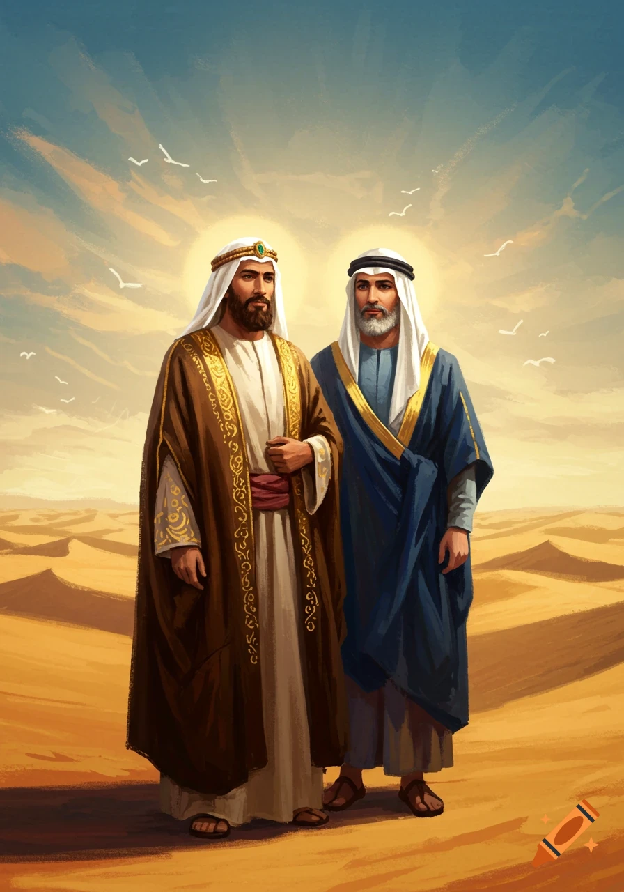 Two bearded men in traditional Middle Eastern robes stand in a desert with sand dunes and a clear sky, in an illustrative style.