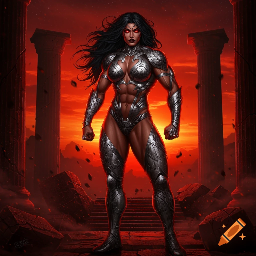 Muscular female warrior in silver armor with glowing red eyes and black hair stands among ruins under a fiery red sky in a comic book art style.