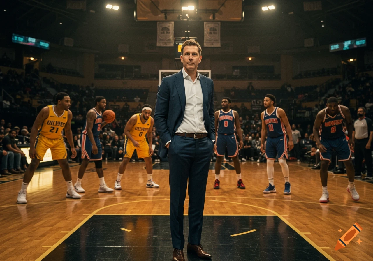 A man in a dark suit stands centrally on a basketball court, flanked by players in yellow and blue uniforms, in a photorealistic style.