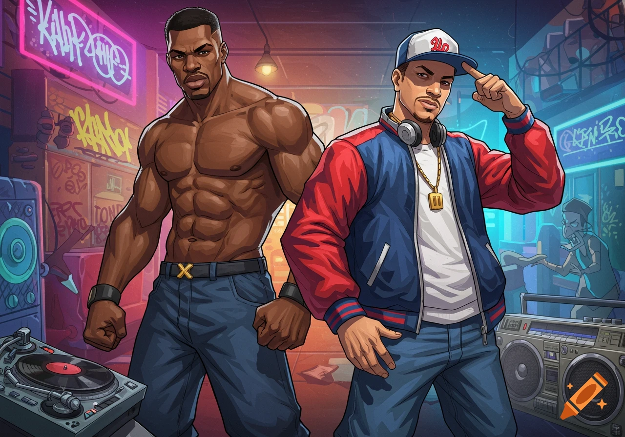 Two men in a stylized video game art style. One muscular Black man stands shirtless in jeans, while a lighter-skinned man in a baseball cap, headphones, and a bomber jacket poses next to him. They are in an urban setting with neon lights and graffiti.