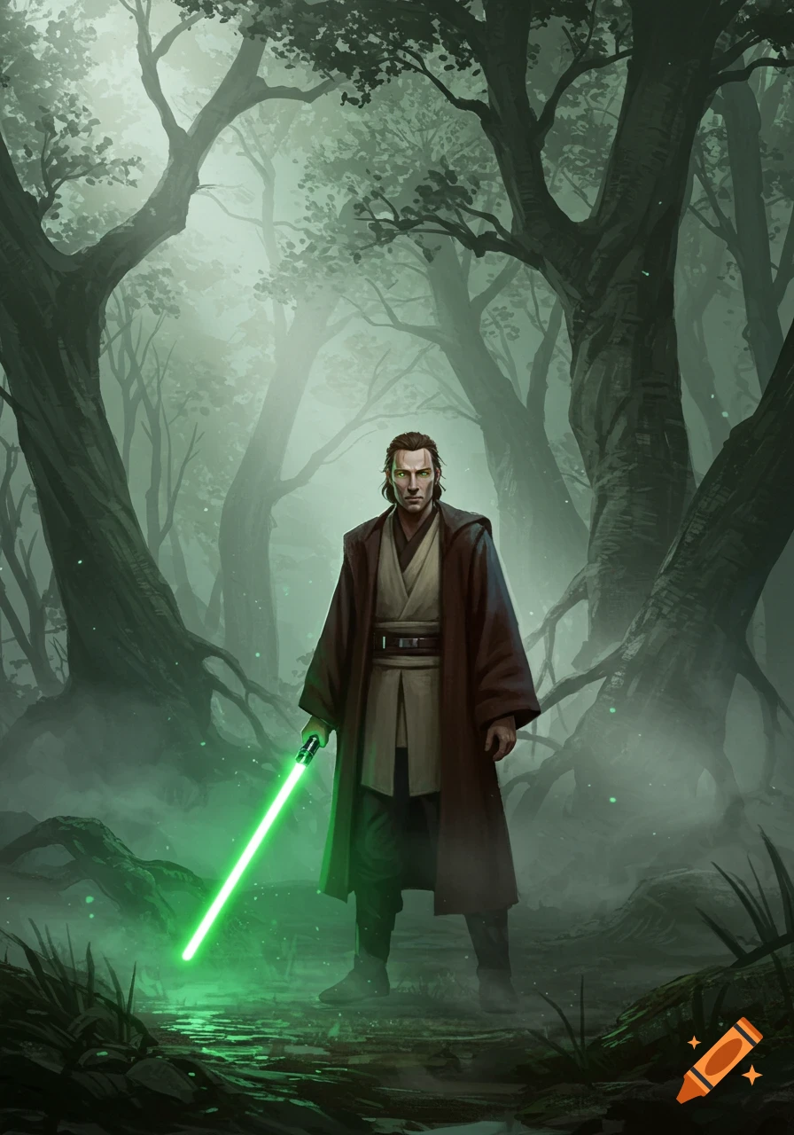 A male Jedi with a green lightsaber stands in a misty, ancient forest, looking calm and intense.