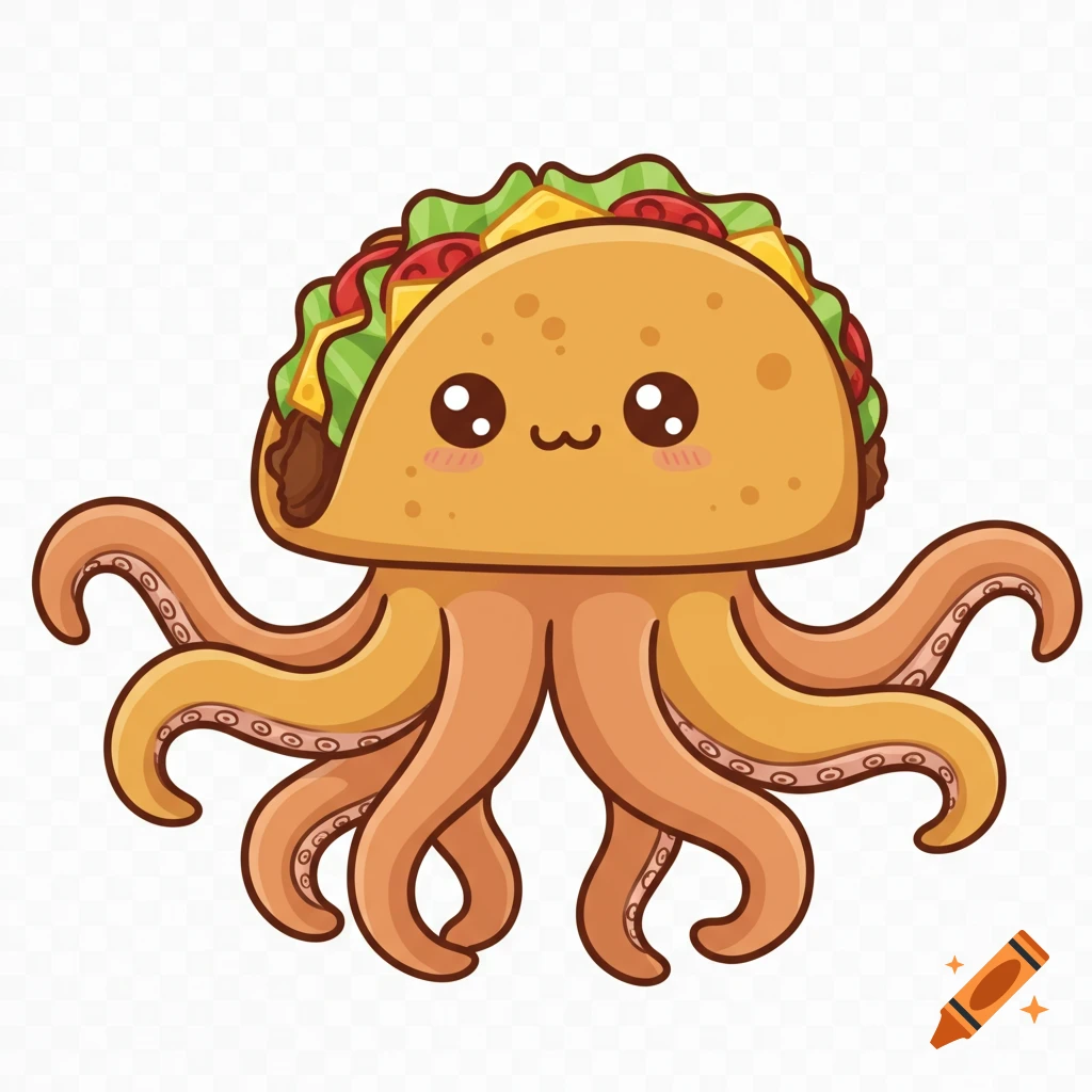 A kawaii emoji-style illustration of a cute smiling taco head on an octopus body with eight cartoon tentacles.