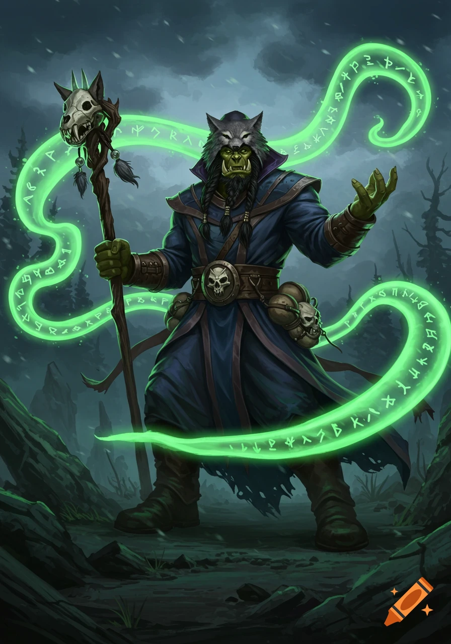A muscular green-skinned Orc in a dark robe and wolf-head hood holds a staff and conjures glowing green runic magic in a dark, snowy forest.