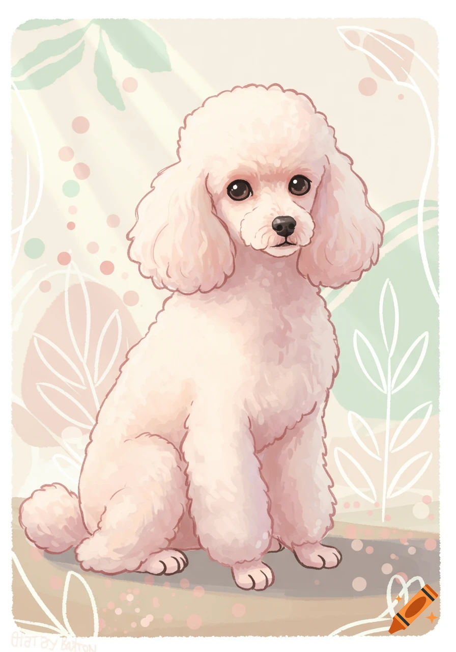 A cute pinkish-white poodle illustration sitting against a pastel background with leaf and dot patterns.