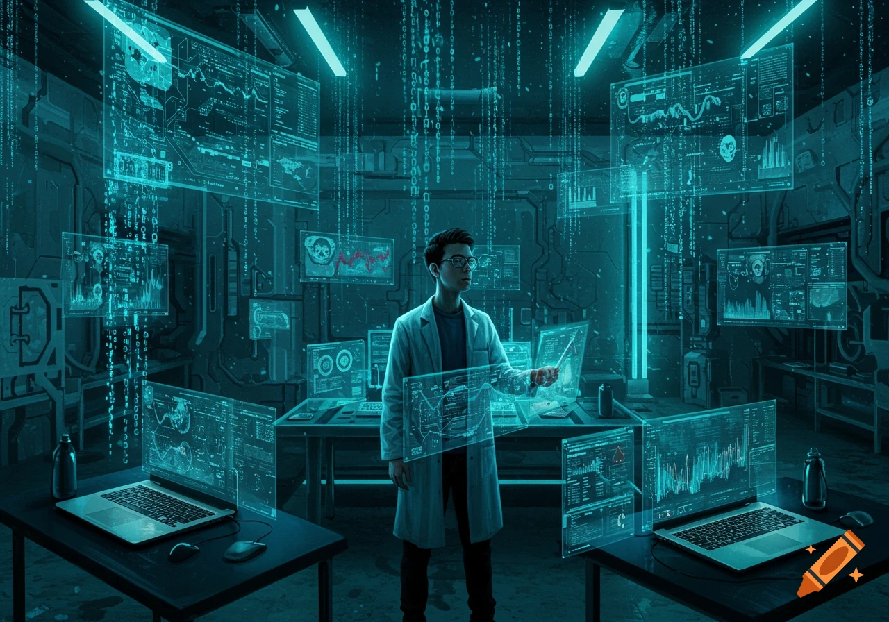 A person in a lab coat interacts with multiple holographic screens displaying complex data and charts in a dark, futuristic laboratory.