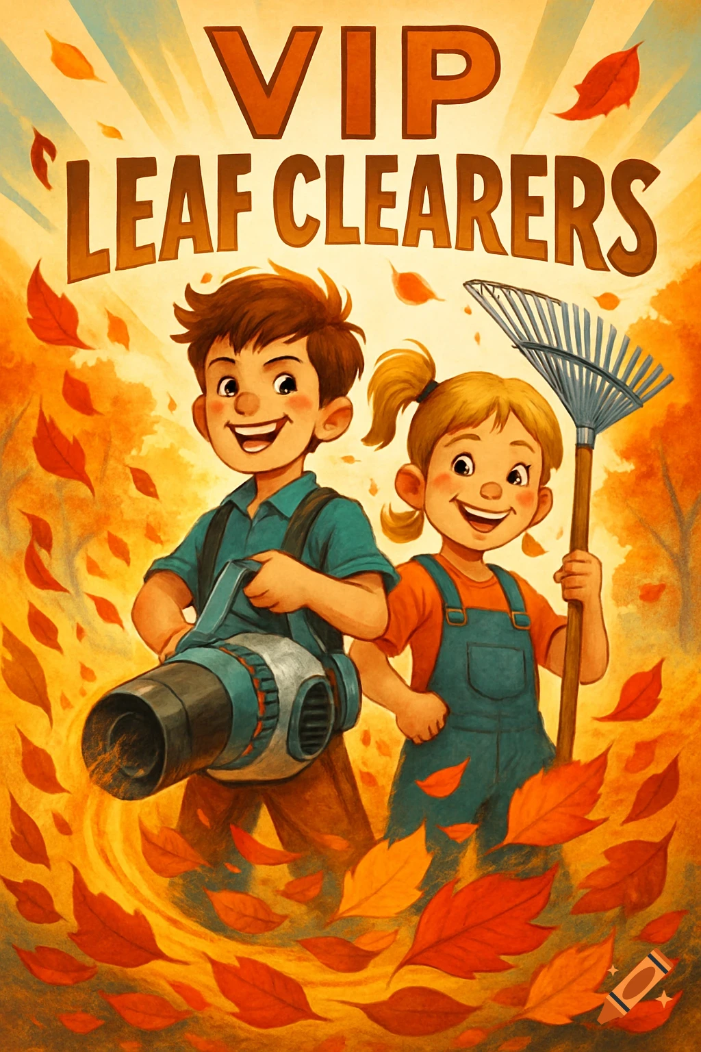 A cheerful boy with a leaf blower and a girl with a rake stand among autumn leaves, with 'VIP LEAF CLEARERS' text above them, in a cartoon illustration style.
