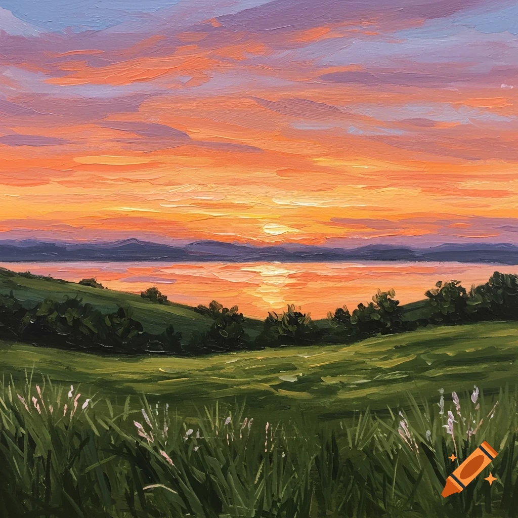 Impressionist painting of a vibrant orange sunset over a lake with green rolling hills and foreground grass.
