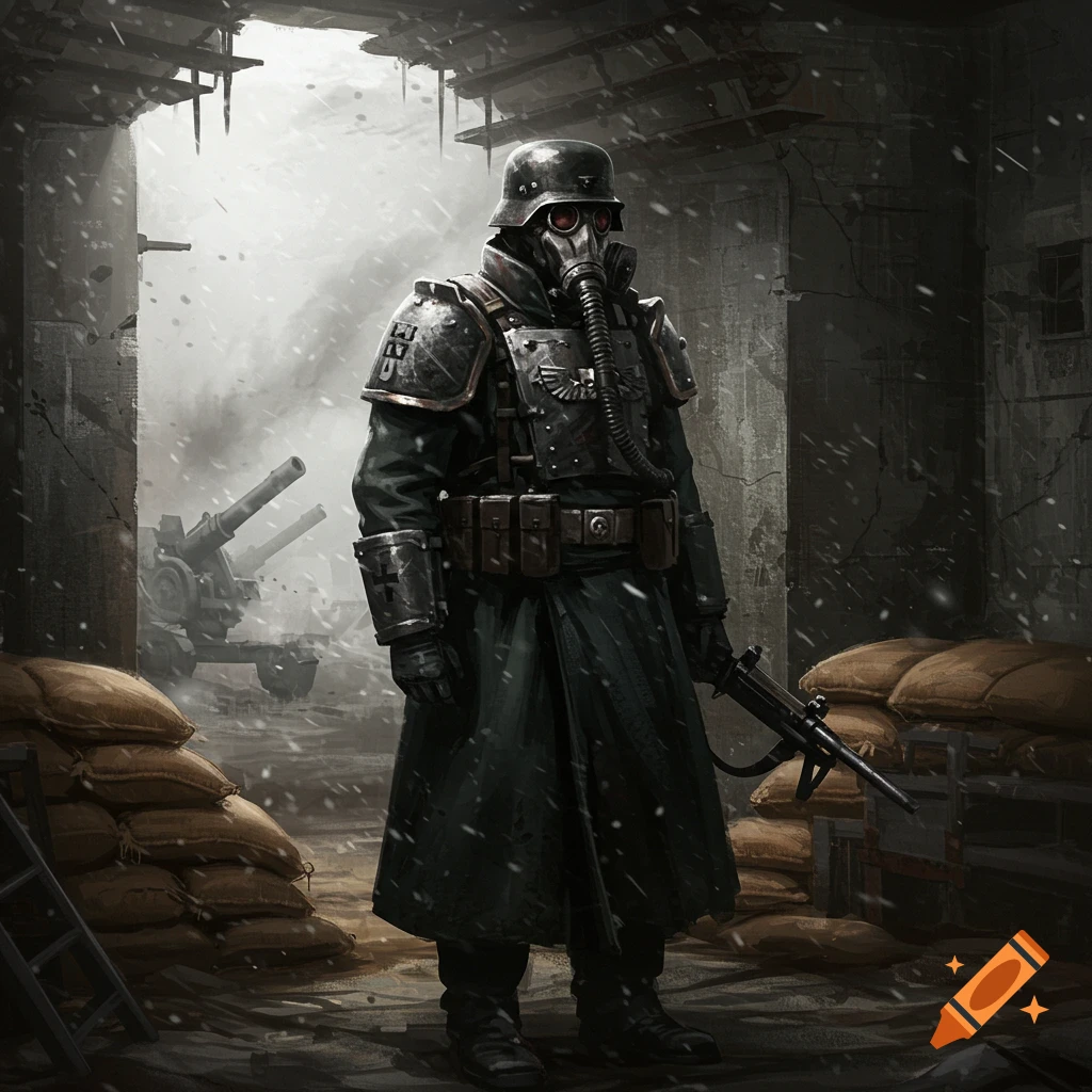 A grimdark sci-fi soldier in a gas mask, helmet, and heavy armor stands in a snowy, ruined bunker with artillery.