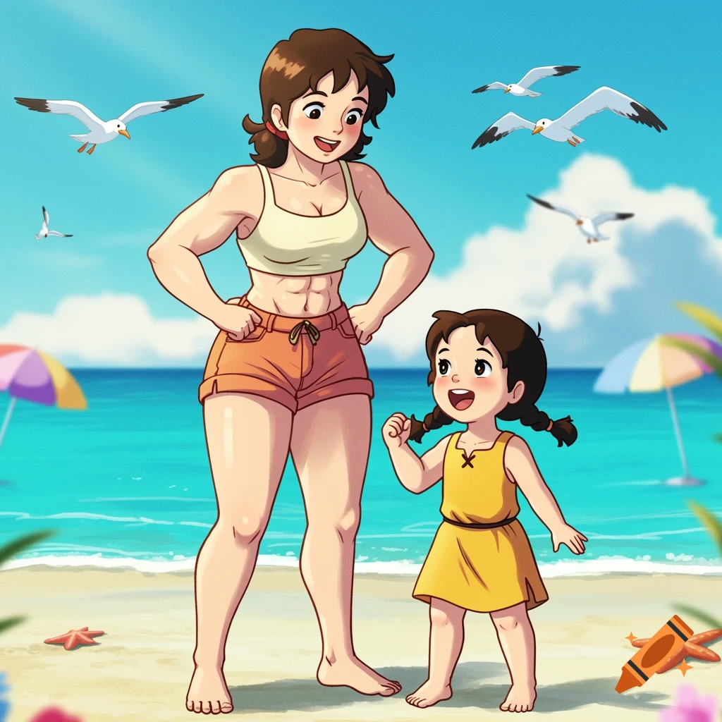 Anime mother with defined abs flexing next to her young daughter on a sunny beach with seagulls.