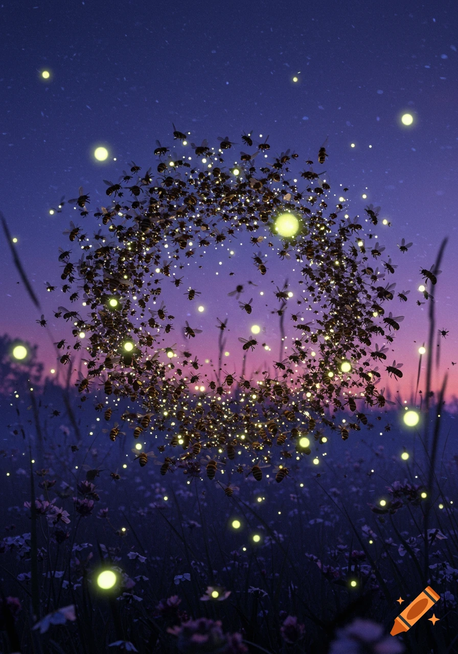 A glowing circle formed by a swarm of bees and fireflies over a field of flowers at dusk.