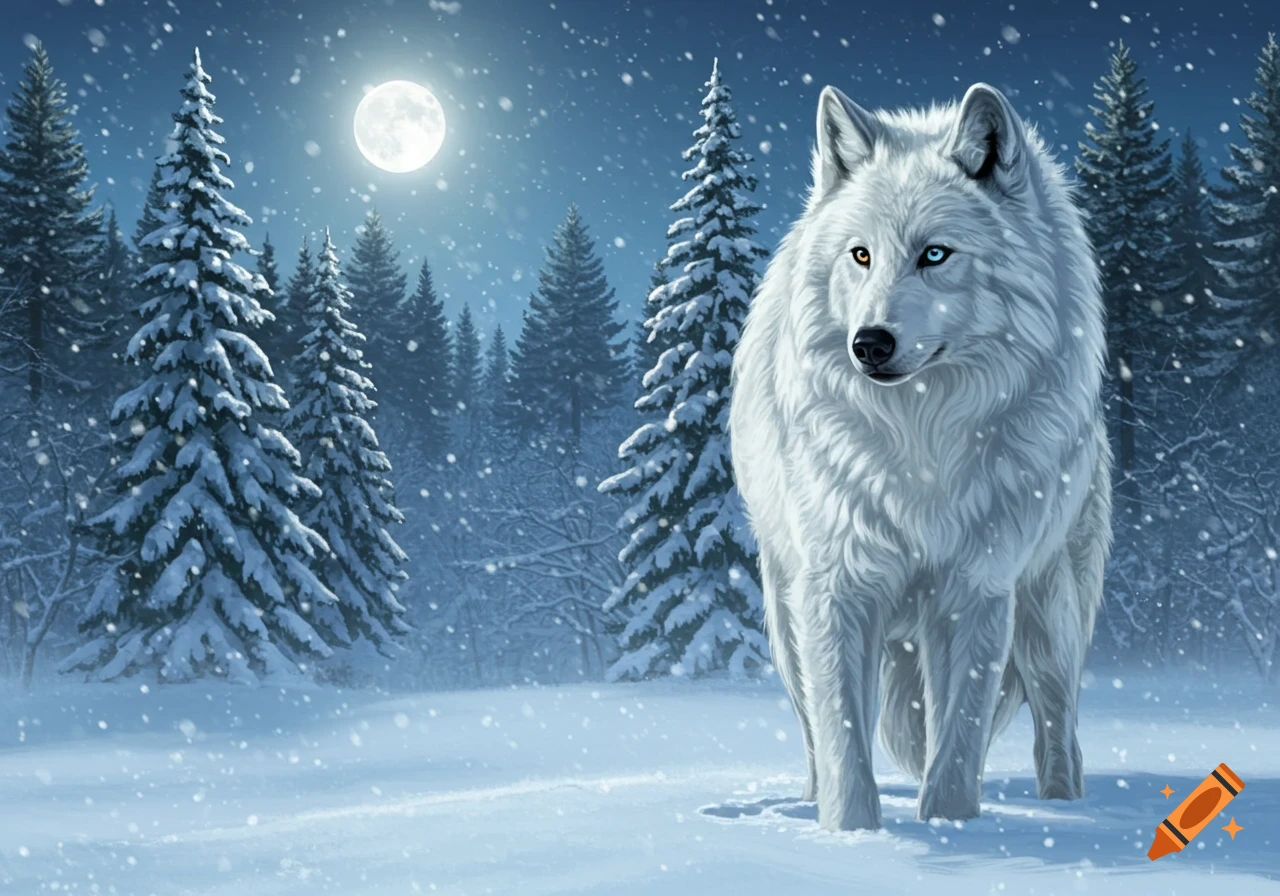 A majestic white wolf with heterochromatic eyes stands in a snowy forest at night under a full moon.
