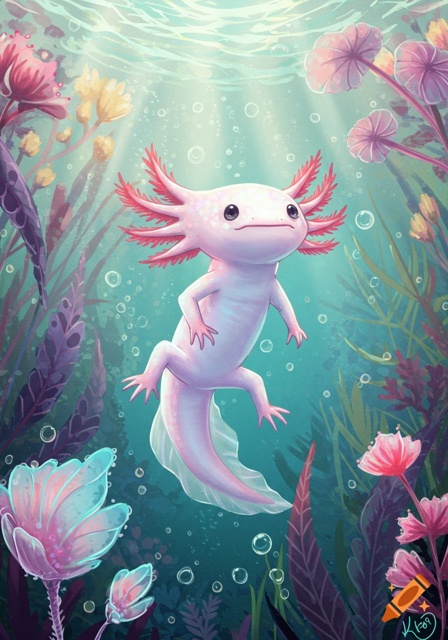 A cute pink axolotl swims amidst colorful, glowing underwater plants and bubbles in a vibrant, whimsical illustration.