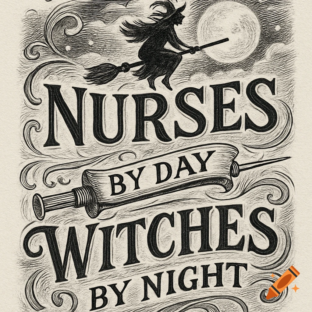 Black and white sketch of a witch flying on a broom under a full moon, with the text 'NURSES BY DAY WITCHES BY NIGHT' and a syringe.