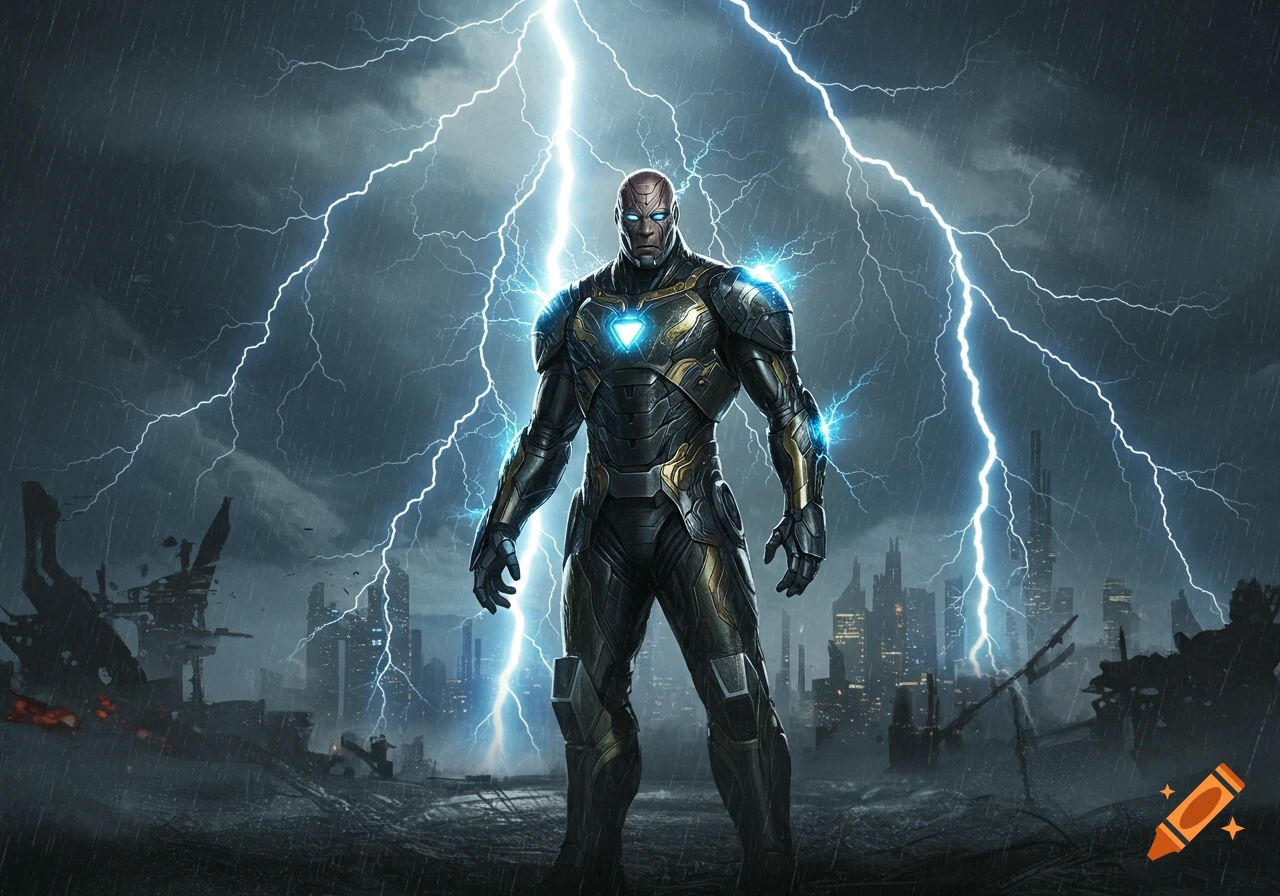 An armored superhero stands in a ruined city under a stormy sky with bright lightning bolts.