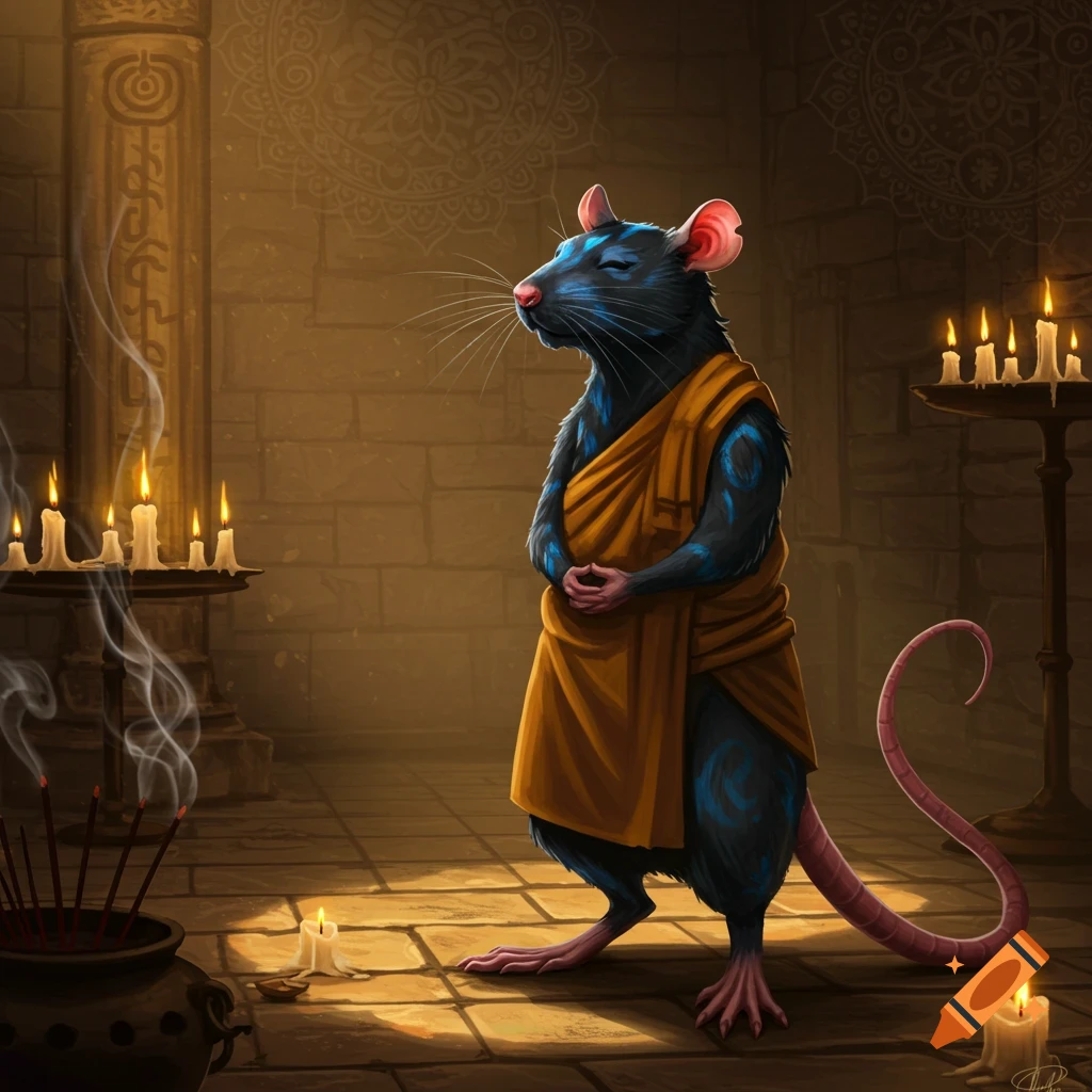 A blue-streaked black rat monk meditates in a dimly lit stone temple, surrounded by lit candles and smoking incense.